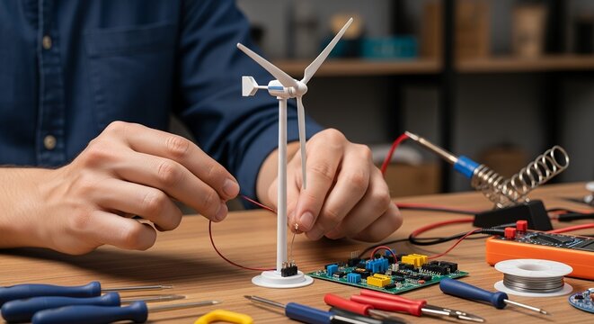 A man's hands wiring a miniature wind turbine model on a wooden desk, concept for renewable energy projects, educational demonstrations and eco-friendly innovation electrical engineer working