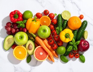 Vibrant and colorful arrangement of healthy food items displayed beautifully on a clean, neutral surface.	

