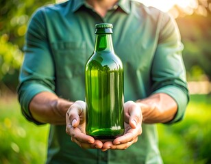 Person holding a green bottle outdoors