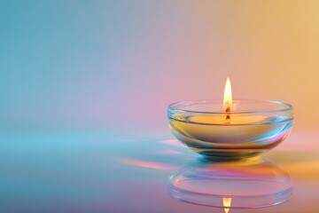 Fototapeta premium Lit candle in glass bowl on colorful surface, reflection, relaxation