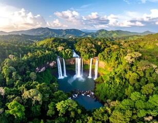 Lush rainforest waterfall panorama
