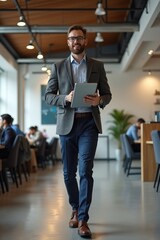 A confident entrepreneur walking through coworking space holding tablet, stylish outfit and decisive gesture
