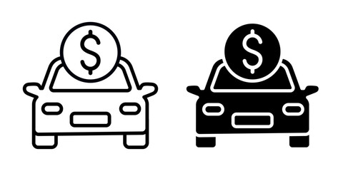 Car with money icon set. Car insurance policy finance symbol. Insurance icons. Car resale value flat vector, isolated illustration on white background. Save money for buying car.