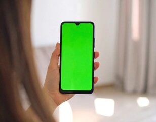 Person holding a smartphone with a green screen