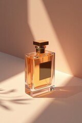 An elegant product shot of high-end perfume bottle on matte surface, soft shadows and gold label detail