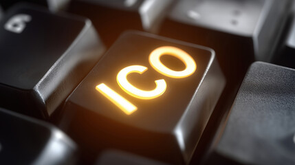 Close-up view of glowing keyboard key highlighting ICO term related to digital currency
