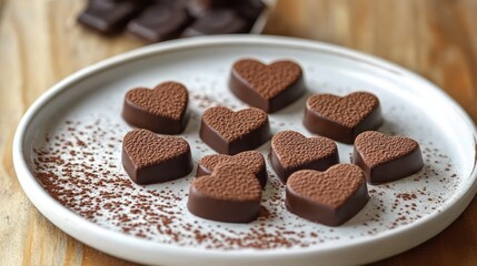 Fototapeta premium heart-shaped chocolates arranged on a white plate with cacao powder sprinkled around, placed on a wooden surface conveying a sense of love and indulgence