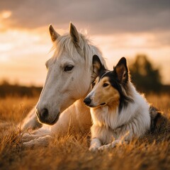 Fototapeta premium White Horse and Collie Dog Resting at Sunset