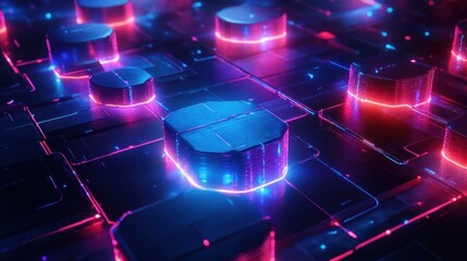 Futuristic glowing hexagonal and rectangular 3D shapes with blue and pink neon lights on a dark digital grid surface
