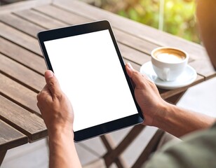 Person holding a tablet at a cafe