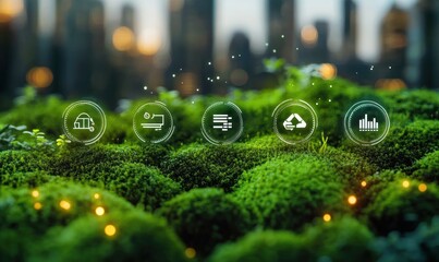 Green mossy terrain with city buildings blurred in background and five floating futuristic digital icons representing technology and environmental concepts