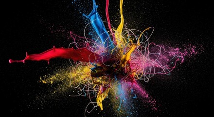 Vivid Paint Explosion: Abstract Color Burst on Black Background with Dynamic Splashes