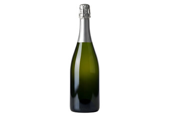 Champagne bottle against a black background.
