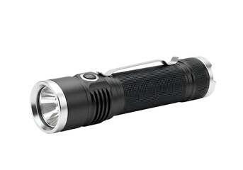 Close-up of a modern black and silver flashlight.