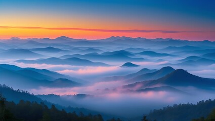 Obraz premium Majestic mountain range shrouded in ethereal mist at sunrise with vibrant sky