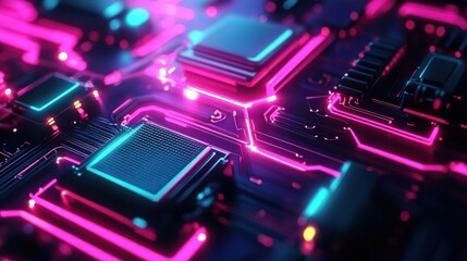Fototapeta premium Close-up view of a glowing futuristic electronic circuit board with neon pink and blue lights illuminating intricate microchips and pathways
