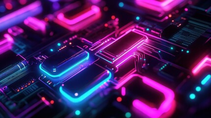 Fototapeta premium Close-up of a futuristic circuit board with glowing neon pink and blue electronic components creating a high-tech and vibrant atmosphere
