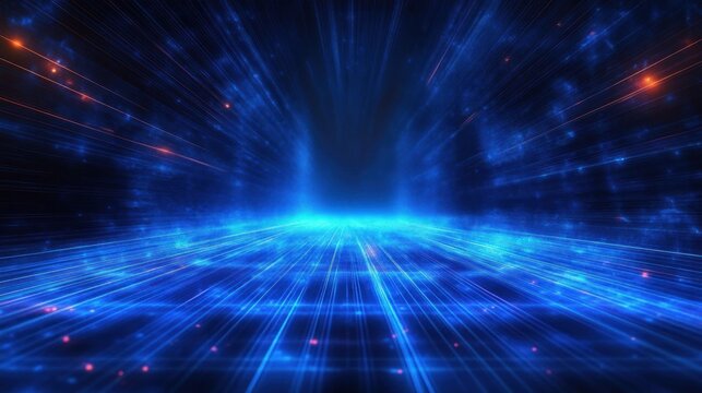 Vibrant blue laser beams radiating and converging in a futuristic digital grid environment creating a dynamic and immersive technological atmosphere