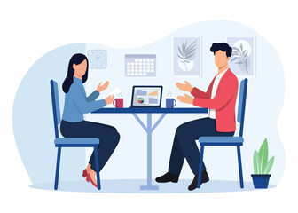 One to one meeting concept illustration. Team collaboration between a young businessman and woman sitting and discussing work with a laptop in a modern setting. Vector illustration.