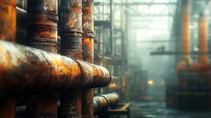 Rusty industrial pipes in a hazy factory.
