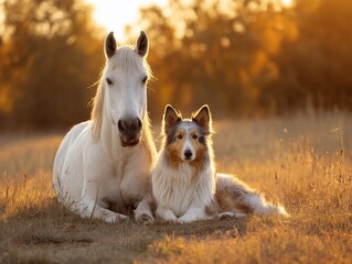 Fototapeta premium White Horse and Collie Dog Resting at Sunset