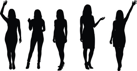 Silhouette of standing women in various poses, female body gesture illustration, fashion style concept, communication and presentation body language