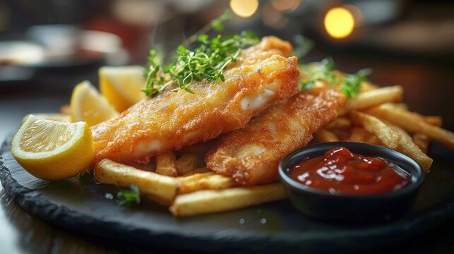 Close-up of crispy golden fried fish fillets served with French fries, lemon wedges, fresh herbs, and a small bowl of red dipping sauce on a dark plate