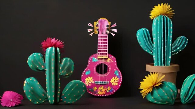 Cinco de Mayo, mexican paper decoration guitar, cactus with flowers, black background, Festival Concept 4K created with generative ai