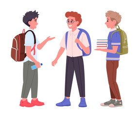 Obraz premium School students group. Middle school students with backpacks and books, male school pupils flat vector illustration set. Happy friends chatting