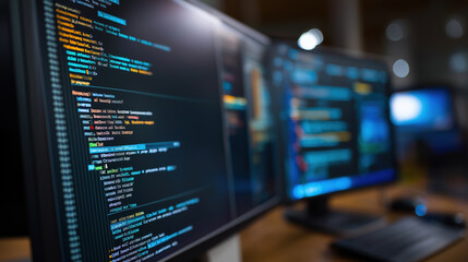 Computers displaying coding tasks in a tech workspace during a collaborative project