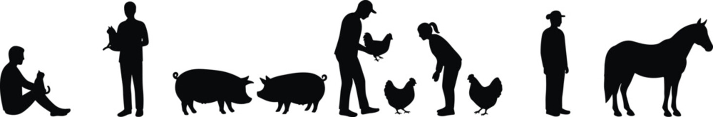 Silhouettes of farmers with farm animals, pigs, chickens, horse, people caring for livestock, farming life vector illustration, agriculture concept