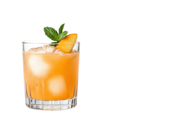 Refreshing Peach Cocktail: An inviting glass of peach cocktail, garnished with fresh mint and a slice of ripe peach. This refreshing beverage exudes a sense of summer vibes and fruity goodness.