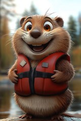 Happy animated small furry animal with big eyes and wide smile wearing an orange life jacket standing near a blurred forested water background