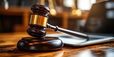 Close-up of a wooden judge's gavel with a golden band placed on a round base on a wooden table in a warm, blurred office setting