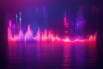 Colorful neon light graph resembling a futuristic city skyline reflected on a water surface with glowing pink and purple hues
