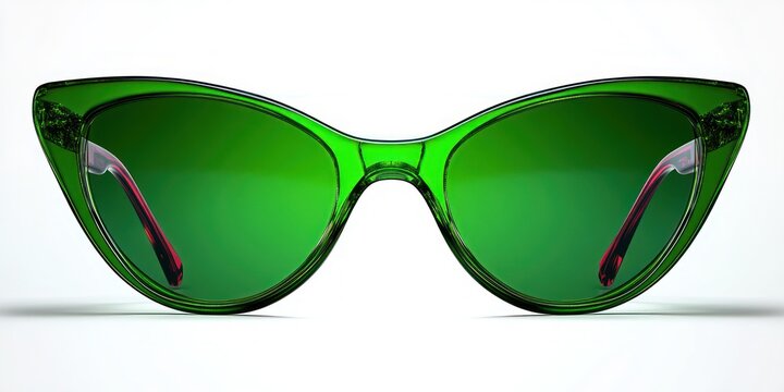 close-up view of stylish green translucent cat-eye sunglasses with reflective green lenses and red temple tips on white background