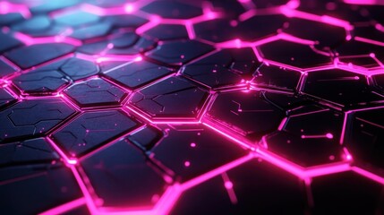 Close-up of futuristic hexagonal black panels interconnected with glowing neon pink lines creating a high-tech digital network effect