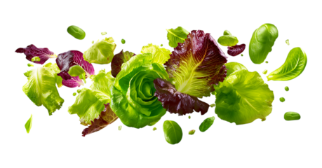 A flying salad with various lettuce leaves and greens isolated on a transparent background
