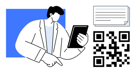Person holding tablet pointing at QR code, document displayed alongside. Ideal for digital innovation, business workflow, technology integration, data sharing, scanning, mobile apps, corporate