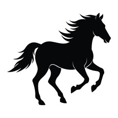 Black silhouette of a horse running with flowing mane and tail white background