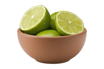 Fresh Limes in Earthenware Bowl: A vibrant display of fresh, green limes, some halved, artfully arranged within a rustic earthenware bowl.  The scene exudes freshness and invites culinary exploration.
