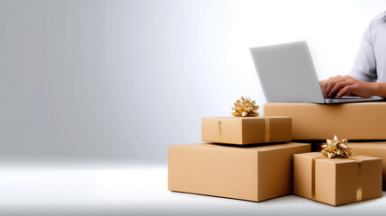 Person working on laptop surrounded by gift boxes with decorative bows