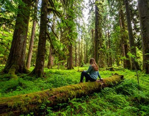 Person sits on log in lush forest