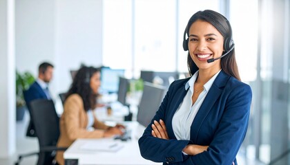A vibrant and professional American customer care representative is seen smiling warmly while wearing a sleek headset in a modern office setting.