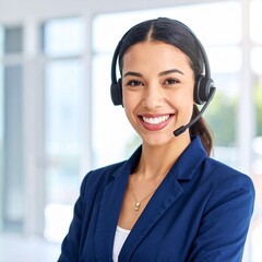 A vibrant and professional American customer care representative is seen smiling warmly while wearing a sleek headset in a modern office setting.