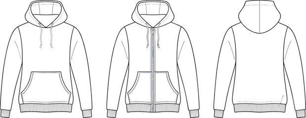 Blank hoodie vector template front back side, zip up pullover hoodie outline, fashion technical sketch for apparel design mockup © Deep Mind Creations