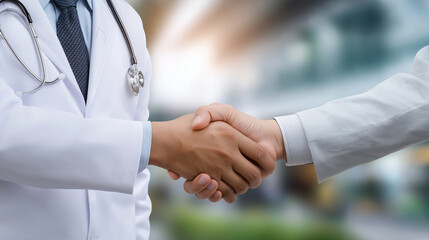 Fototapeta premium Medical professional and patient shake hands in a welcoming clinic environment