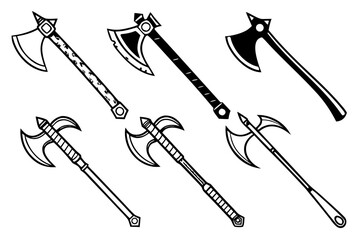 Naklejka premium A collection of six medieval battle axe illustrations. Set of single and double bladed fantasy weapons in a monochrome vector style.