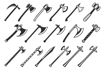 Naklejka premium A diverse collection of monochrome medieval and viking weapon icons. This set includes various battle axes, war hammers, and polearms, perfect for historical or fantasy design concepts.