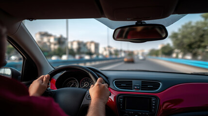 Driving through a city highway during sunset with modern cars and urban buildings